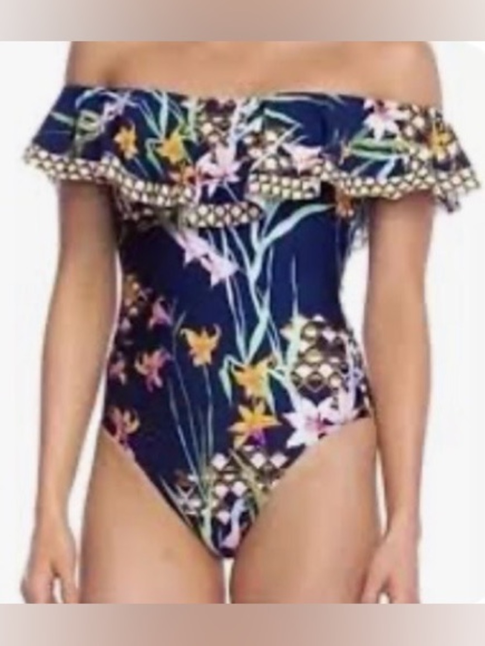 Trina Turk Fiji Floral Ruffle Top Women’s SZ 8 Bathing Suit Swimming Swimsuit